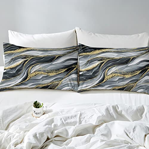 Marbling Duvet Cover Set Super King Size, Gold Grey Marble Comforter Cover with 2 Pillowcases - Image 4