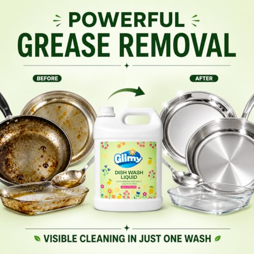 Image of GLIMY Dish Wash Liquid | 5.5 Litre Refill Pack | Glycerin Enriched | Coconut Based Surfactant | Powerful Grease Cutting | Safe on Hands | Kitchen Utensil Cleaner | Lemon Fragrance | Baby Safe