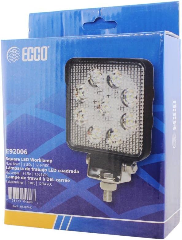 New Genuine Ecco E92006 LIGHT Square Work Light 9 LED's 12/24V 1450 Lumen Aluminum with Mounting Hardware