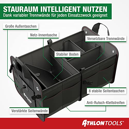 ATHLON TOOLS Premium Kofferraumtasche mit Deckel - 60 Liter XXL Kofferraum-Organizer - Extra stabile & wasserfeste Böden - mit Antirutsch-Klett