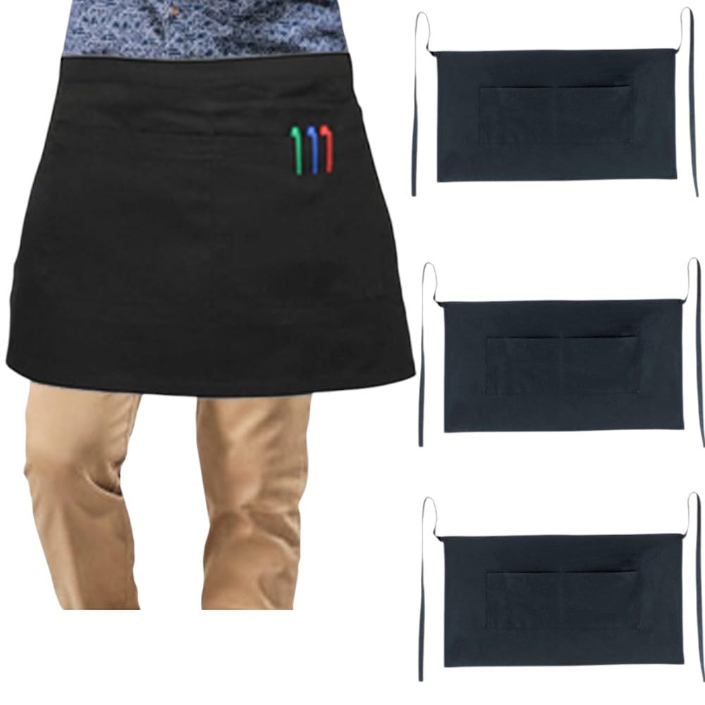 LTG PRO 3 x Cotton Short Waist Black Aprons with 2 Pockets – Waiter & Waitress Bistro Kitchen Café Restaurant Uniform for Men & Women – Durable, Easy Care, Professional Service Apron