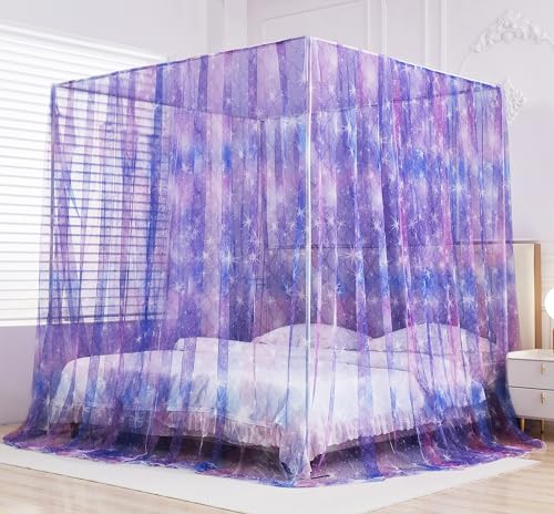 Mengersi Tie Dye Canopy Bed Curtains with Lights,Gradient Ombre Bed Canopy for Girls,Princess Bed Drapes for Girls Room Decor(California,Purple)