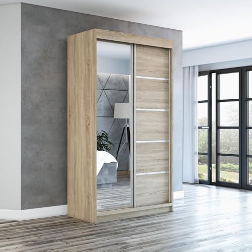 A&J MöbelLand Schwebetürenschrank GAPI Kleiderschrank 2-türig mit Spiegel, Garderobe 120 cm (Sonoma/Sonoma/Sonoma)
