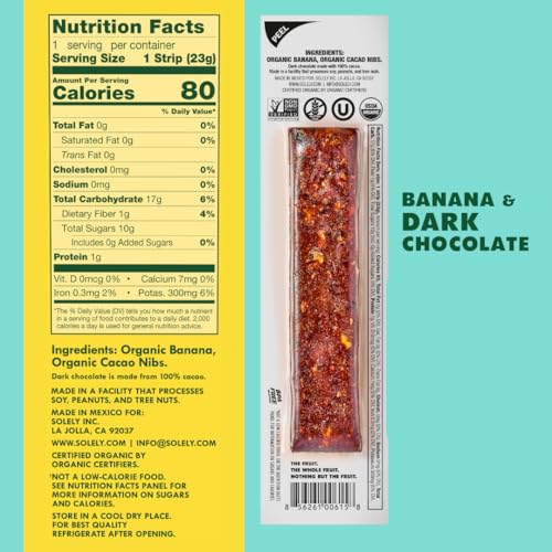 Image of SOLELY - Organic Banana Chocolate Drizzled Fruit Jerky - 1 Individually Wrapped Fruit Strip - Fruit Leather Made from Dried Fruit - Healthy Snacks for Adults & Kids - Vegan, Non GMO - 0.8oz (23g)