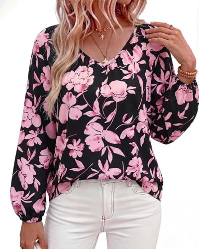 Zenlonr Women's Summer Tops Dressy Casual 2026 V Neck Satin Silk Printed Shirts Boho Long Sleeve Work Blouses(Black Pink Flower,Small) — view 2
