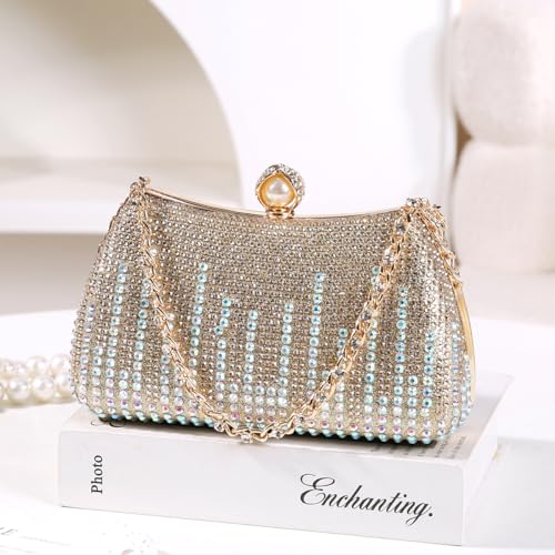 Image of Dreubea Womens Fashion Rhinestone Evening Handbag with Chain Shiny Tote Clutch Bag