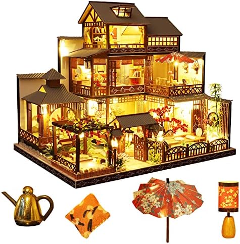 SYW Japanese Style Retro Villa Miniature Dollhouse with Furniture, DIY Miniature Dollhouse Kit with LED Light, 1:24 Scale Creative Room for Birthday Xmas Gift