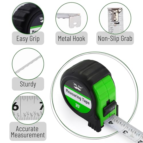 Image of Mr. Pen- Tape Measure, 25-Foot, Green, Steel Measuring Tape, Tape Measure with Fractions, Easy Read Tape Measure, Tape Measure 25 ft, Steel Tape Measure, Retractable Measuring Tape Retractable