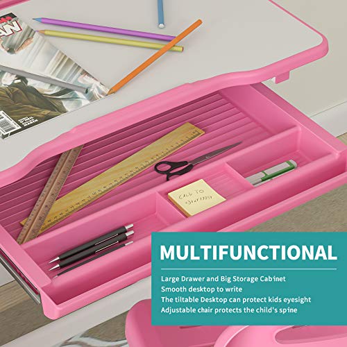 Mecor Kids Desks, Height Adjustable Children Desk And Chair Set,Childs School Student Sturdy Table W/Lamp, Pull Out Drawer Storage,Pencil Case,Bookstand Pink #TOP3