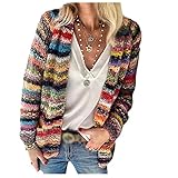 grobstrickjacke damen stricken Langarm CYSTYLE Damen Regenbogen Strickjacke Cardigan Pullover Mehrfarbig Gestreifter Vorne Offene Herbst Winter Strickpullover Übergröße Cardigan Cover Up Sweater Jacke
