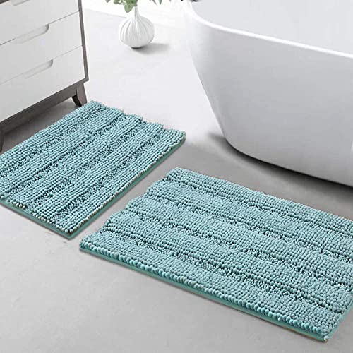 Turquoize Chenille Bathroom Rugs Set - Non-Slip Bath Mats for Bathroom & Kitchen/Entryway (20" x 32" and 17" x 24"), Aqua Haze