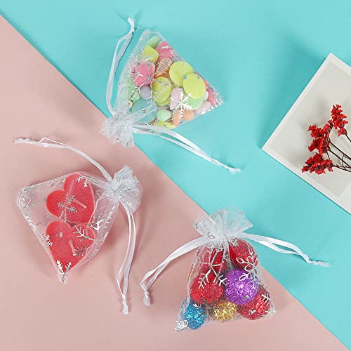 Image of HRX Package 100pcs Snowflake Organza Gift Bags Christmas 3x4 inch, Small White Mesh Jewelry Pouches Little Drawstring Candy Bags