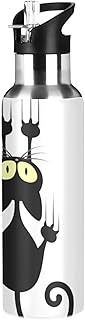 Oyihfvs Black Cartoon Cat Scratching The Wall on White Sports Stainless Steel Water Bottle 20 Oz, with Straw Lid Vacuum Insulated Leakproof Thermo Flask, Great for Fitness Outdoor