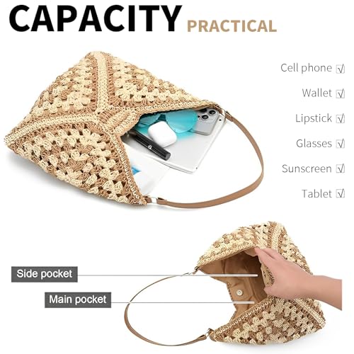 Image of Straw Hobo Bags for Women Vintage Straw Tote Bag Summer Beach Shoulder Bag Designer Beach Bag Summer Handbag (Khaki-adjustable Strap)