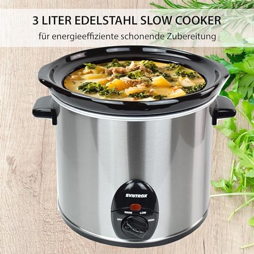 Bild 5 - Syntrox 3,0 l Slow Cooker | Schmortopf | Schongarer | Multikocher Delira, Edelstahl, Warmhaltefunktion, Keramik Servierschüssel, rutschsichere Standfüße, Spülmaschinengeeignet
