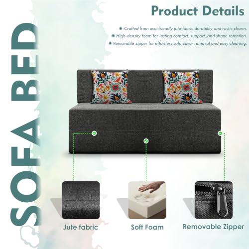 Image of Los Angeles Foldable Two Seater Sofa Cum Bed, Sofa Bed 4 X 6 Feet Jute Fabric Washable Cover- Including Cushion Perfect for Living Room - Black