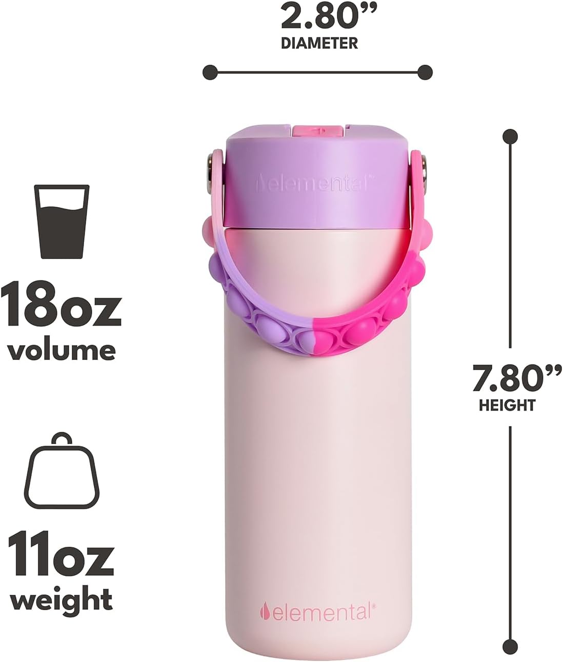 Elemental Insulated Kids Water Bottle, Stainless Steel Water Bottle with Straw Lid & Pop-It Handle, Leak-Proof Water Bottles for School, Boys or Girls, Travelling and Sports, 18oz - Pink Tie Dye - Image 2