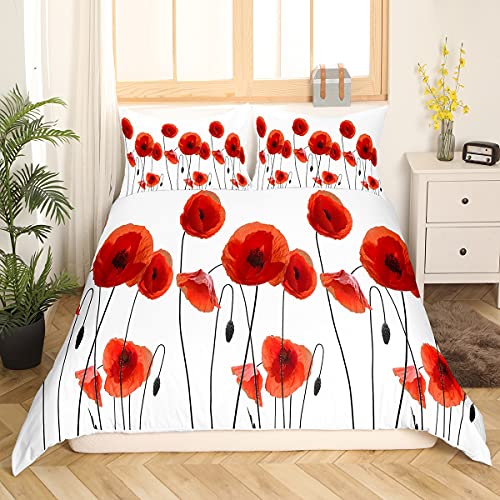 Homemissing Parure Coquelicot Housse de Couette Chic Rouge Fleur Parure de Lit 200x200cm Jardin Botanique Literie Housse de Couette Décor de Chambre 3Pcs