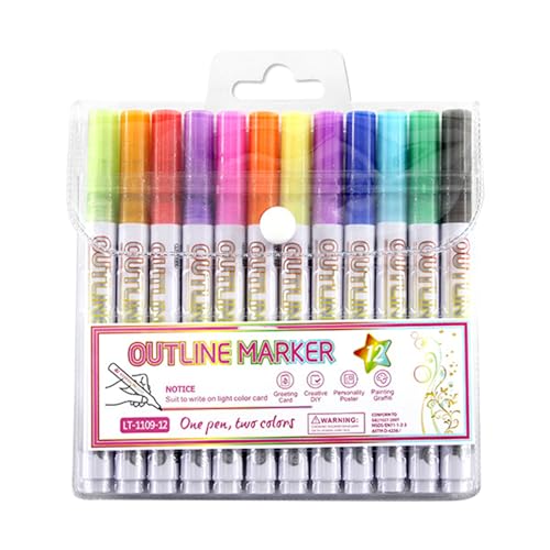 Marcadores para contornos metalizados, 12 colores secado rápido permanente para arte – Rotuladores de doble línea para contorno – para manualidades escolar, niñas, niños, adolescentes, Pascua, Navidad