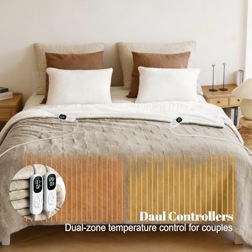 Image of IUUI Heated Blanket Electric King Dual Controller- 90x100 Inches Soft Flannel Heating Blanket,Fast Heating Blanket 6 Heating Levels & 2 Hours Auto Off ETL Certification (Light Brown, King 90 inch x 100 inch)