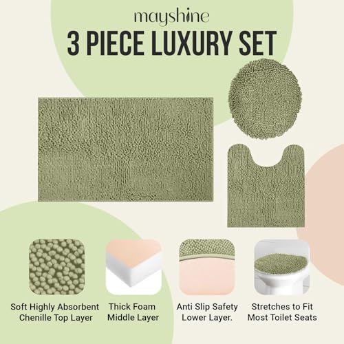 Image of Standard 3pc Set Chenille Bath Mats, Includes 21 inchx24 inch U-Shaped Contour Toilet Rug, 21 inchx34 inch Inches Bathmat and 1 Toilet Lid Cover, Plush Absorbent Bath Mats Quick Dry, Sage Green