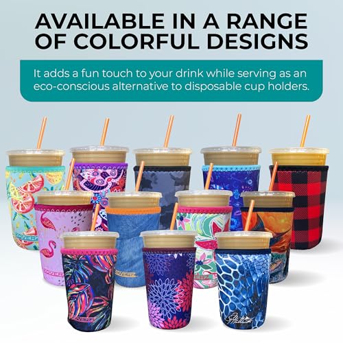 Image of Iced Coffee Sleeve, Insulated Neoprene Cup Sleeve, Fits a 24 Oz. Coffee Cup, Washable and Reusable, Iced Coffee Accessories, Medium Tropics