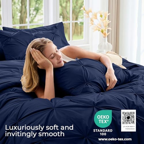 Image of Sasttie Queen Comforter Set, 7-Piece Bed in a Bag, Pintuck Bedding Sets for All Season, Includes Comforter, Flat Sheet, Fitted Sheet, Pillowcases and Pillowshams, Navy