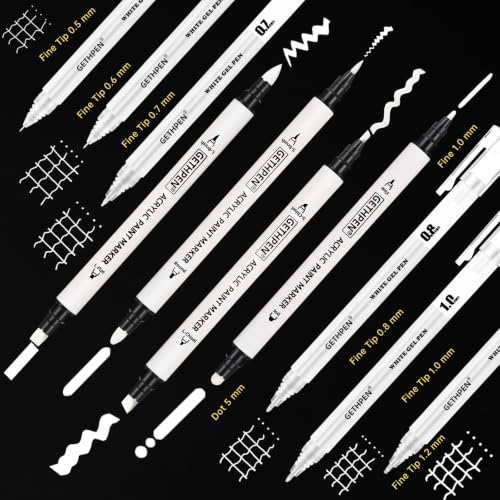 Image of GETHPEN White Ink Pens Set, Gel Pen & Dual-Tip Acrylic Markers 10 Pack