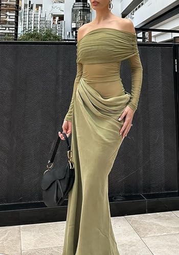Image of Kwunbwa Women's Sexy Off The Shoulder Mesh Maxi Dress Long Sleeve See Through Ruched Party Club Bodycon Long Dresses Green