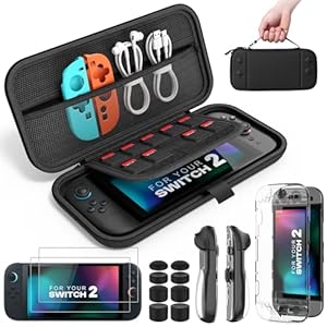 MoKo Switch 2 Accessories Bundle Kit for Nintendo Switch 2 (2025), 14 in 1 Gift Kit with Carrying Case, Protective Cover, Clear TPU Joycon Case, 2x Screen Protectors and 8x Thumb Grip Caps, Black