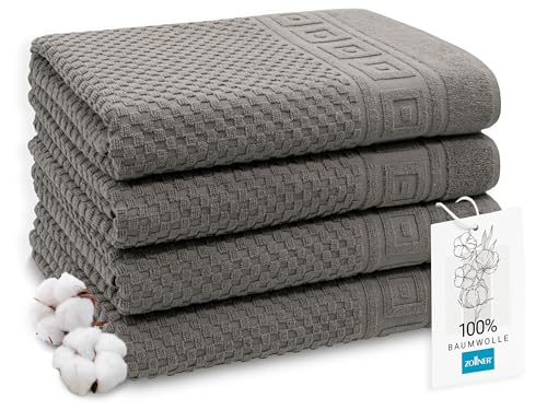 ZOLLNER 4er Set Duschtücher in 70x140 cm - weiches und saugstarkes Waffelmuster in grau - mit Aufhänger - waschbar bis 60°C - Baumwolle - Hotelqualität - Oeko Tex® Zertifiziert