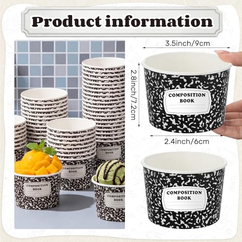 Image of Funnymoom 50 Pack Back to School Paper Ice Cream Cups 9 oz Black White Composition Book Disposable Dessert Bowl First Day of School Soup Bowls for Preschool Kindergarten Graduation End of Year Party