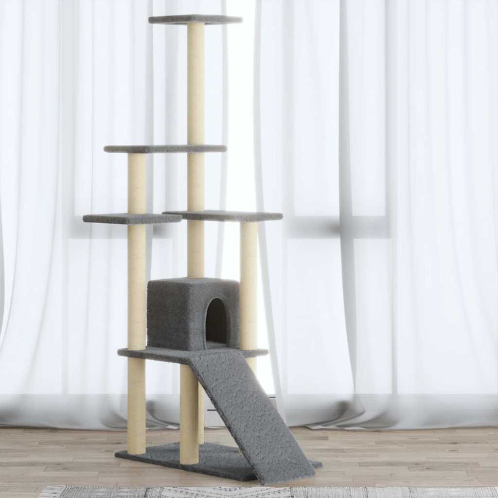 Kratzbaum 155 cm mit Sisal-Kratzsäulen Hellgrau - Stabiler Kletterbaum mit Rampe, Katzenhaus und Aussichtsplattform - Katzenmöbel aus Holzwerkstoff und Plüsch