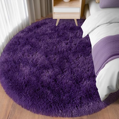 6ft Fluffy Dark Purple Round Rug for Bedroom Living Room, Washable Non-Slip