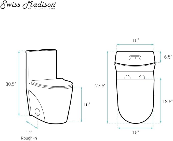 Inodoro de una pieza Angers, con descarga dual Vortex de 1.1/1.6 GPF, altura estándar, taza alargada, instalación de 14 pulgadas, acabado blanco mate miniatura 3