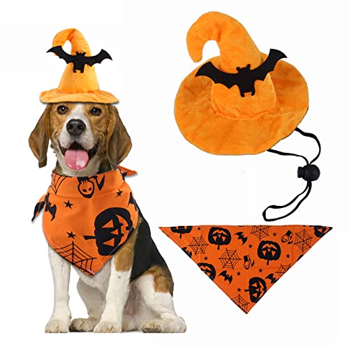 Hrttsy Dog Halloween Costumes Halloween Cute Funny Bat Dog Wizard Hat And Pumpkin Dog Bandana Set Halloween Puppy Cat Costume Pet Costumes For Small Medium Dogs Cats Apparel Party Dress Up Accessories #TOP7