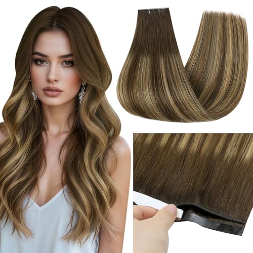 Image of Full Shine Tape in Weft Hair Extensions Human Hair, 24 Inch 50g | Brown to Caramel Blonde Balayage Highlights, Seamless Blend Double Sided Tape Hair Extensions, Natural Length for Short Hair
