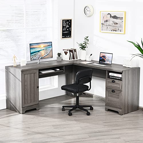 GOFLAME 66  Modern L-Shaped Desk with Drawers, PC Laptop Corner Table Workstation, Space Saving Computer Desk with Spacious Surface, Writing Table Home Office Computer Desk (Grey)