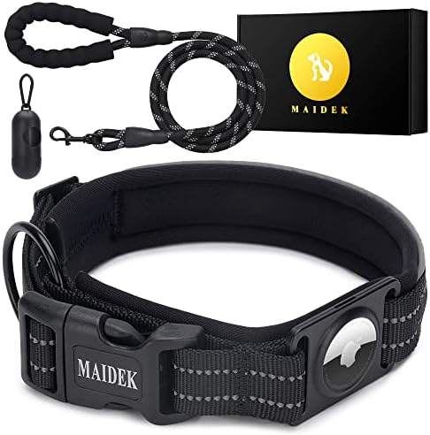 Maidek Dog Collar Airtag Holder - Heavy Duty & Thick Titanium GPS Tracker Holder, Reflective Nylon - Chewproof, Magnetic Dog Collar Tag with Leash, Poop Bag - Black, Medium Size 1.25x15-18