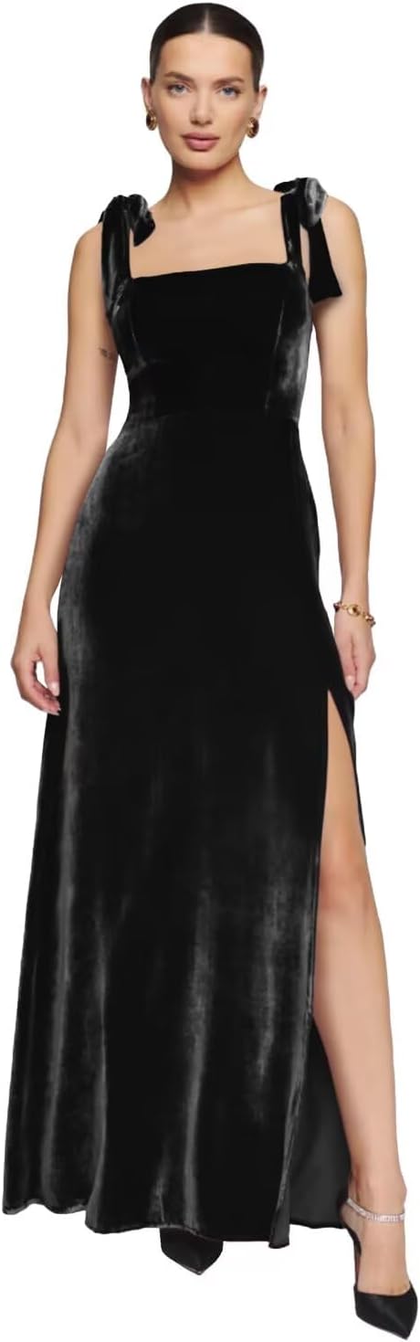 Cudiew Velvet Bridesmaid Dress Long for Women Bow Straps Formal Evening Party Prom Gown with Slit Floor Length 2025