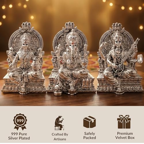 Image of Premium Silver-Plated Lakshmi Ganesh Saraswati Murti | Ganesh Laxmi Idol Statue for Home Temple| Pooja Room | Office Desk | Mandir Decor | Diwali | Housewarming | Wedding Gift | 3.7 Inch