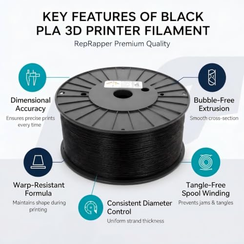 Image of RepRapper Black PLA Filament 1.75mm (±0.03mm), 6.6lb(3kg) Large Spool | Premium Easy-to-Print PLA Material, Smooth & Reliable Printing, Excellent Compatibility with Most FDM 3D Printers