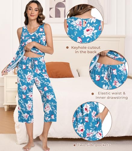 Image of NACHILA Pajamas for Women-Viscose Made from Bamboo, Sleeveless Pjs Tank Top Capri Pants Pajama Sets Cooling Sleepwear