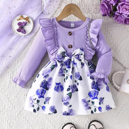 Image of Buy & Try Berry Lycra Girls Printed Frock, Full Sleeve, Soft Stretchable Fabric, Comfortable Party & Casual Wear Dress for Kids