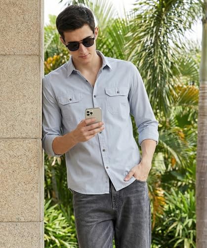 Image of IndoPrimo Men's Cotton Shirt with Stylish Flap Pockets Full Sleeves Spread Collared Neck Solid Pattern Western Style Classic Fit and Standard Length
