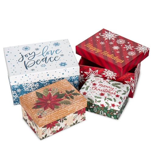 Oairse 4pcs Gift Boxes with Lids Assorted Sizes Nesting Gift Box Xmas Gifts Wrapping Boxes in 4 Assorted Designs Rectangle Cardboard Gifts box for Presents for Christmas Holiday Thanksgiving Party