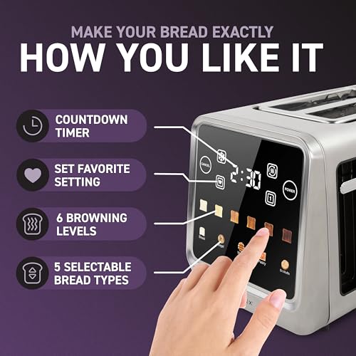 Image of Inspirex Touch Screen Toaster - 2 Slice Extra-Wide Slots - 5 Bread Type and 6 Browning Levels - Defrost, Reheat, Favorite, Single Slot Settings - Stainless Steel