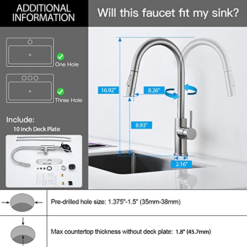 Vakitap Kitchen Faucets Brushed Nickel,Modern Kitchen Sink Faucet With Pull-Down Sprayer Single Handle Stainless Steel Sink Faucet For Kitchen With Deck Plate #TOP5