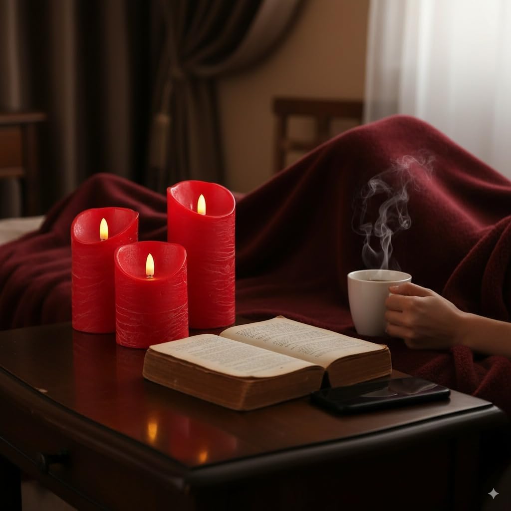VENTA Flickering Flameless Candles with Remote Control - Led Candles Battery Operated - Battery Operated Candle for Decoration Table, Timer & Dimmer Features, Set - 3Pcs (4",5",6") (Red)