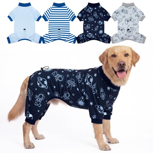 XPUDAC 4 Pack Dog Pajamas for Large Breeds Dog Onesie with Drawstring Adjustable Lightweight Stretchy Pet Clothes for Large Dogs Boy Shed Defender Doggie Suit Pet Outfit 3XL
